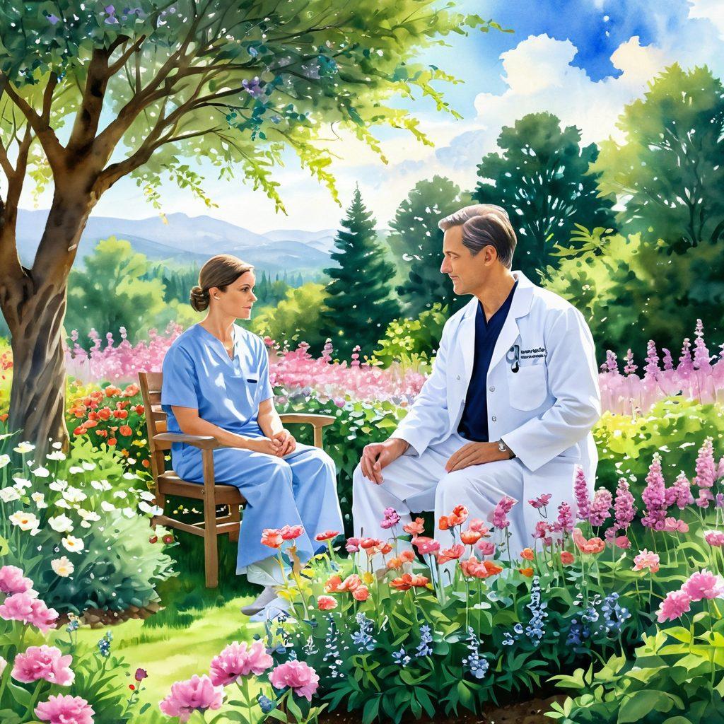 A serene landscape representing hope in oncology, featuring a doctor gently guiding a patient through a beautiful garden filled with blooming flowers symbolizing healing. Incorporate medical elements like DNA strands and cells artistically integrated into the foliage, showcasing the blend of nature and science. The sky is bright and uplifting, suggesting a positive outlook on cancer treatment. soft focus, pastel colors, watercolor style.