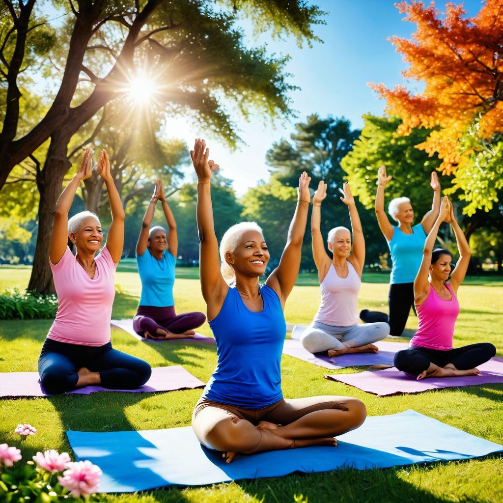 A vibrant and uplifting scene depicting a diverse group of cancer survivors celebrating together in a sunlit park. They are engaging in various wellness activities like yoga, meditation, and sharing stories. Include elements of nature, like blooming flowers and a clear blue sky, symbolizing hope and resilience. Use warm, inviting colors to convey positivity and community spirit. super-realistic. vibrant colors. natural setting.